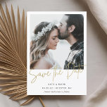 Modern Minimalist Gold Calligraphy Photo Save The Date<br><div class="desc">Custom-designed wedding save the date card featuring modern simple white frame and gold calligraphy design.</div>