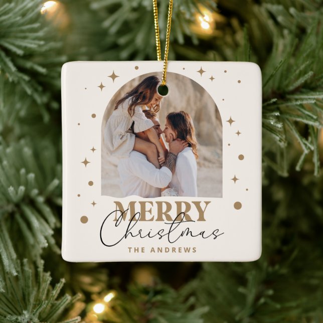 Modern Minimalist Gold Christmas Photo Arc Ceramic Ornament (Tree)