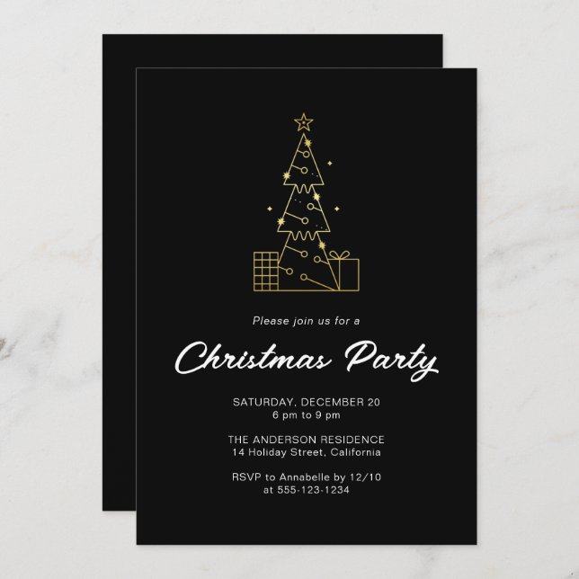 Modern Minimalist Gold Christmas Tree Party Black Invitation (Front/Back)