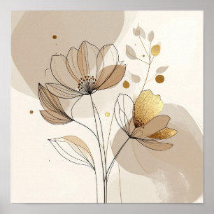 Modern Minimalist Gold Floral Line Art: Abstract B Poster
