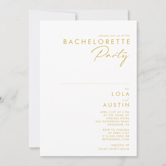 Modern Minimalist Gold Font Bachelorette Party Invitation (Front)