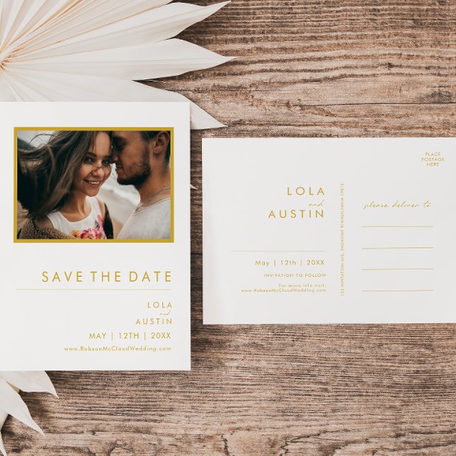 Modern Minimalist Gold Font Photo Save The Date Invitation Postcard (Creator Uploaded)