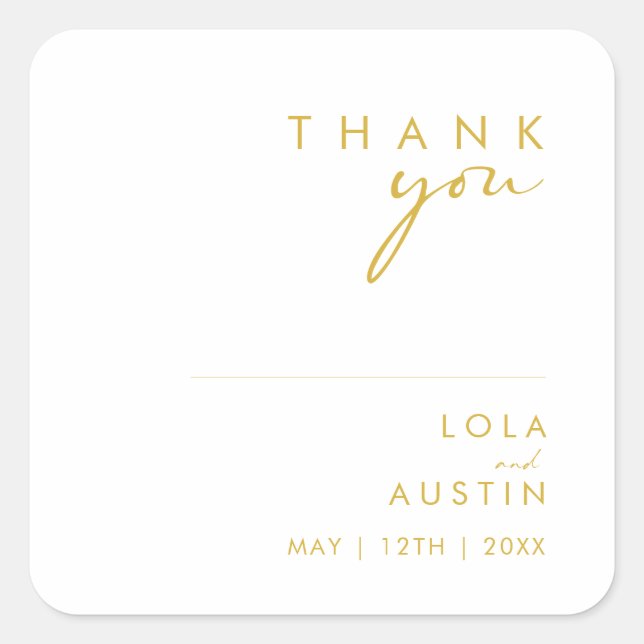 Modern Minimalist Gold Font Thank You Wedding Square Sticker (Front)