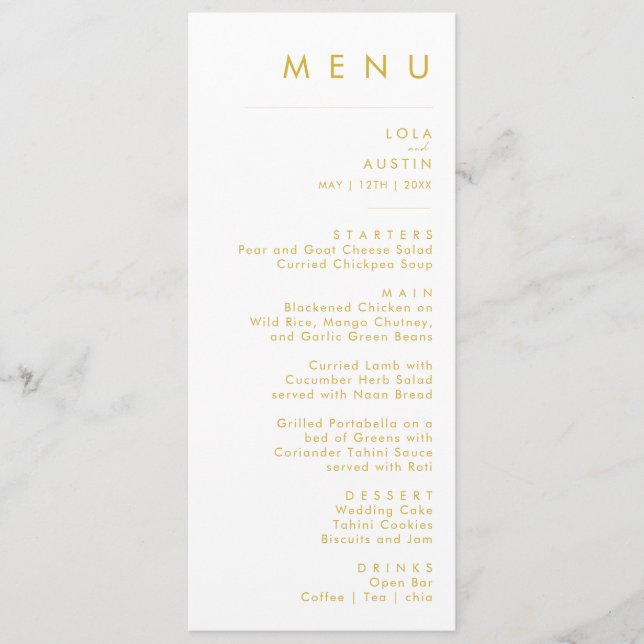 Modern Minimalist Gold Font Wedding Dinner Menu (Front)