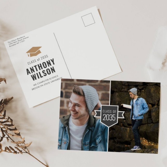 Modern Minimalist Gold Grad Cap 2 Photo Graduation Announcement Postcard (Creator Uploaded)