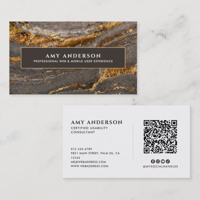 Modern Minimalist Gold Marble Socials & QR Code Business Card (Front/Back)