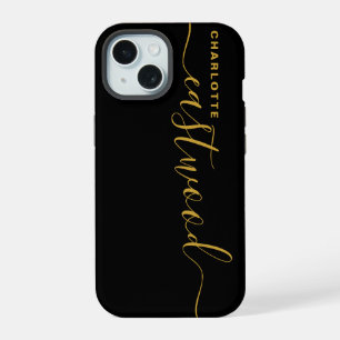 Modern Minimalist Gold Monogram Black iPhone 15 Case