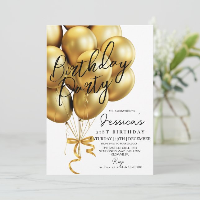 Modern Minimalist Gold Script Black Birthday Party Invitation (Standing Front)