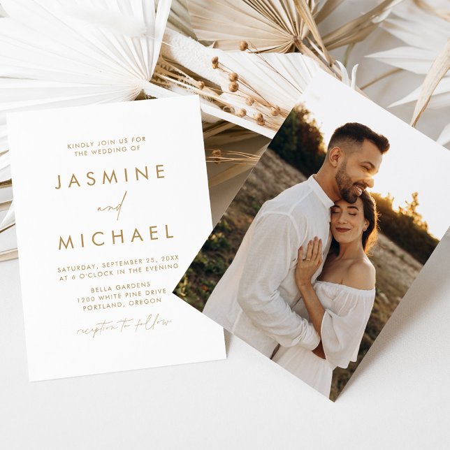 Modern Minimalist Gold Script Photo Wedding Invitation (Creator Uploaded)
