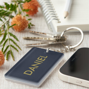 Modern minimalist gold text navy blue key ring