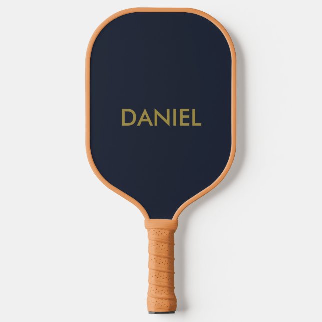 Modern minimalist gold text navy blue pickleball paddle (Front)