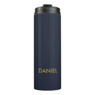 Modern minimalist gold text navy blue thermal tumbler