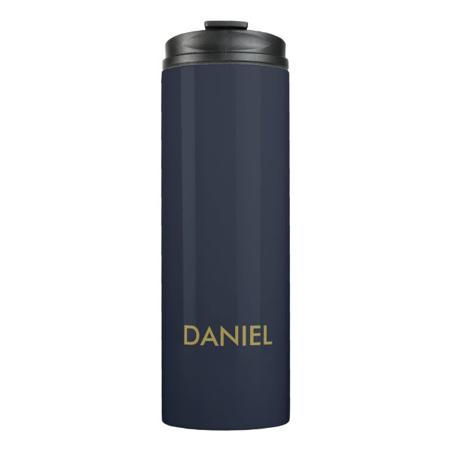 Modern minimalist gold text navy blue thermal tumbler (Front)