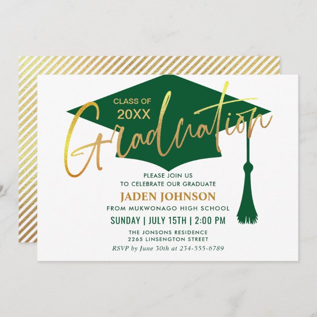 Modern Minimalist Golden Green Graduation Party Invitation (Front/Back)