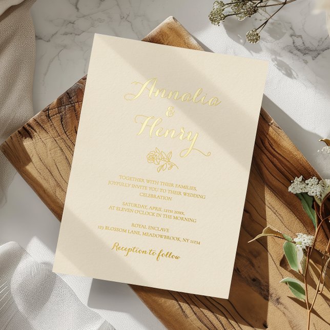 Modern Minimalist Golden Rose Line Art Wedding (modern minimalist gold creme wedding invitation)