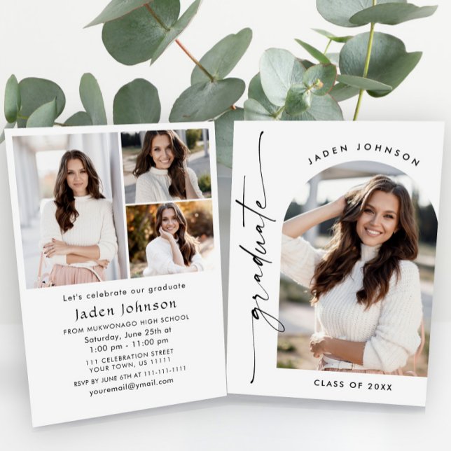 Modern Minimalist Grad 4 PHOTO Graduation Party Invitation (Creator Uploaded)