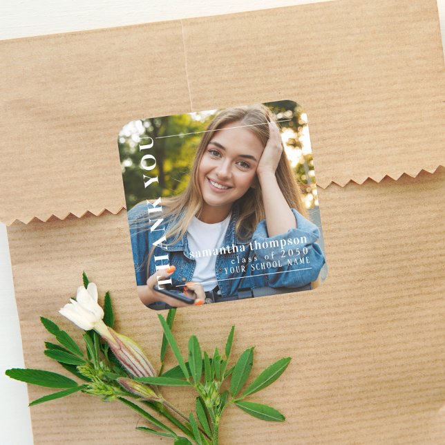 Modern Minimalist Graduate Thank You Favor Square  Sticker (Class of 2026 square sticker with contemporary photo thank you layout.)