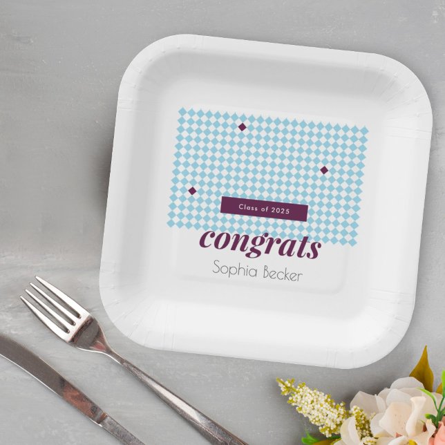  Modern Minimalist Graduation Cap Blue Pattern Paper Plate (Creator Uploaded)