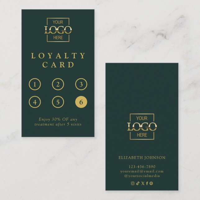 Modern Minimalist Green & Gold Professional Reward Loyalty Card (Front/Back)
