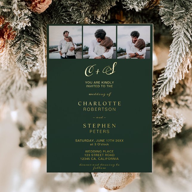 Modern minimalist green initials 4 photos wedding (Modern minimalist green initials 4 photos wedding foil invitation)