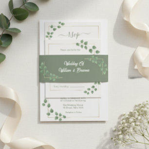 Modern Minimalist Green Leave Wedding Invitation Belly Band
