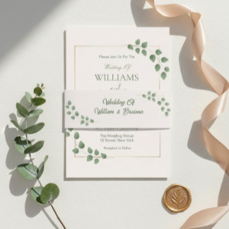 Modern Minimalist Green Leave Wedding Invitation Belly Band