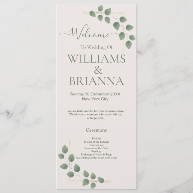 Modern Minimalist Green Leaves Wedding Banner Programme (Front)