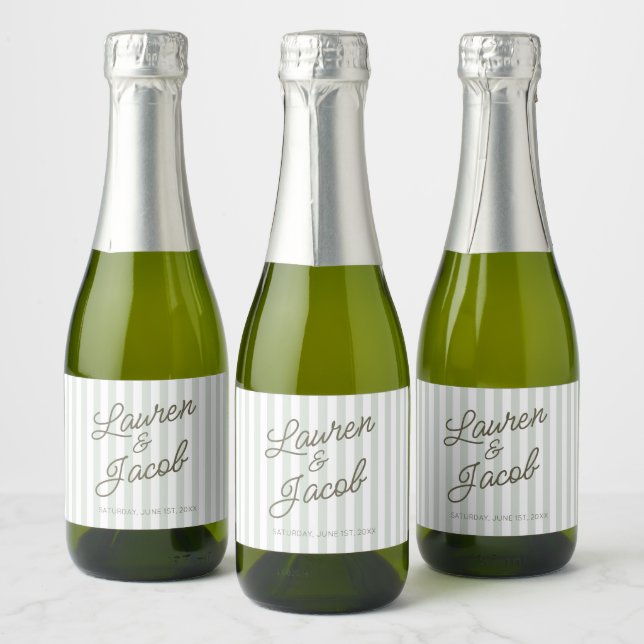 Modern Minimalist Green Stripes Wedding Mini Sparkling Wine Label (Bottles)
