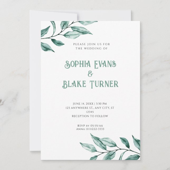 Modern Minimalist Greenery White Wedding Invitation (Front)