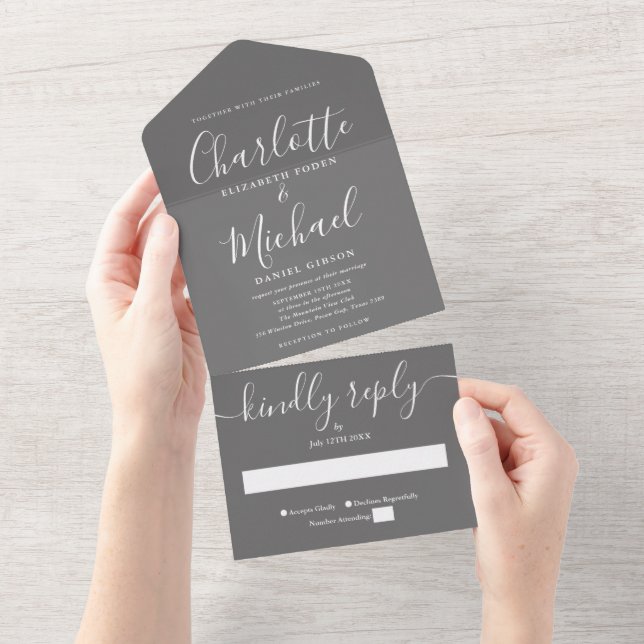 Modern Minimalist Grey And White Script Wedding All In One Invitation (Tearaway)