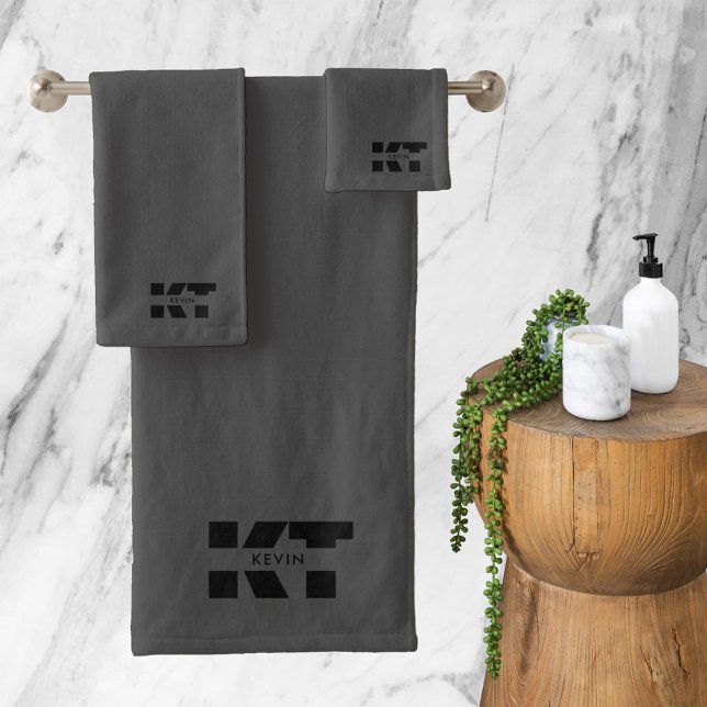 Modern Minimalist Grey & Black Masculine Monogram Bath Towel Set (Creator Uploaded)