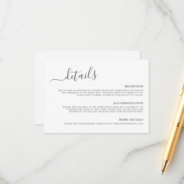 Modern Minimalist Grey Calligraphy Wedding Details Enclosure Card (Front/Back In Situ)