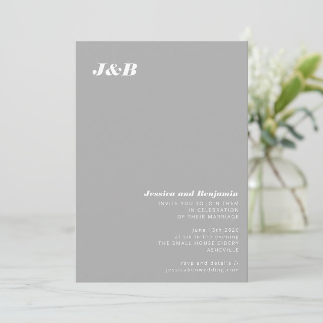 Modern Minimalist Grey Elegant Monogram Wedding Invitation (Standing Front)