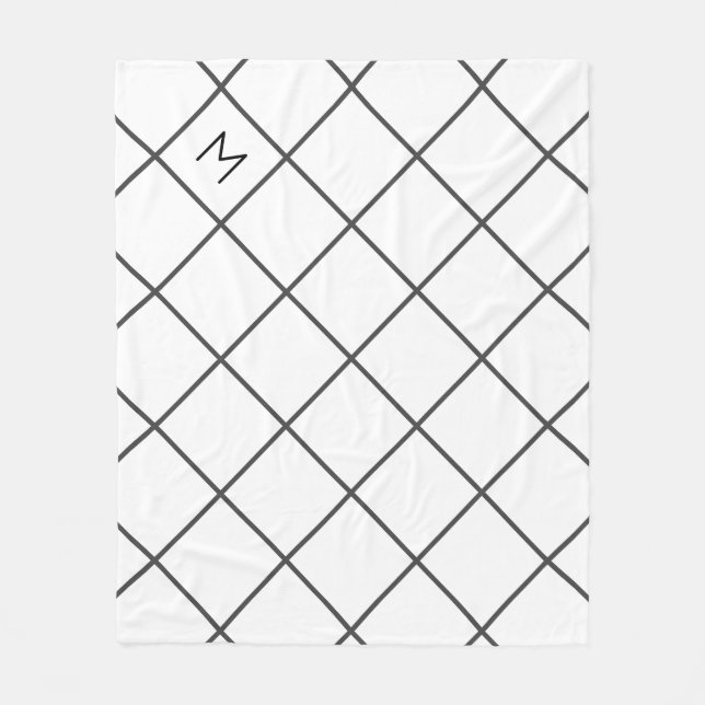 Modern Minimalist Grey Grid Lines | Monogram Fleece Blanket (Front)