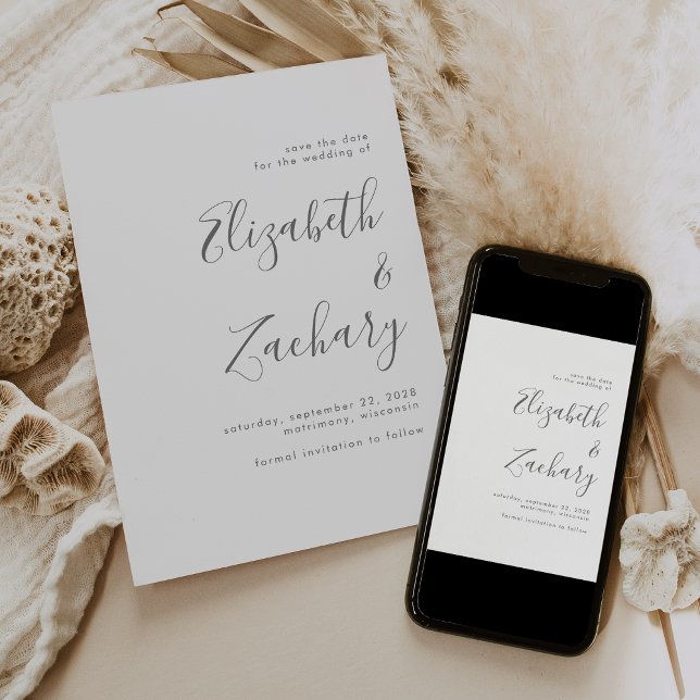 Modern Minimalist Grey Script Save the Date Announcement (Creator Uploaded)