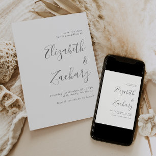 Modern Minimalist Grey Script Save the Date Announcement