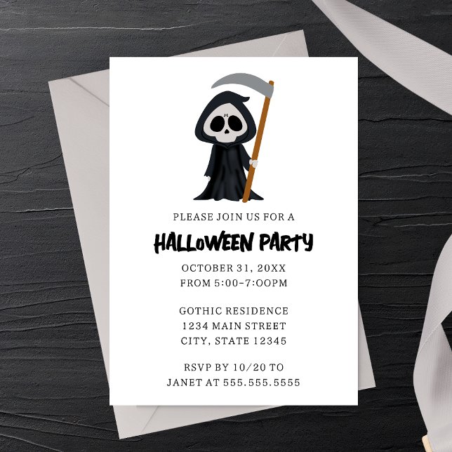 Modern Minimalist Grim Reaper Halloween Party Invitation (Creator Uploaded)