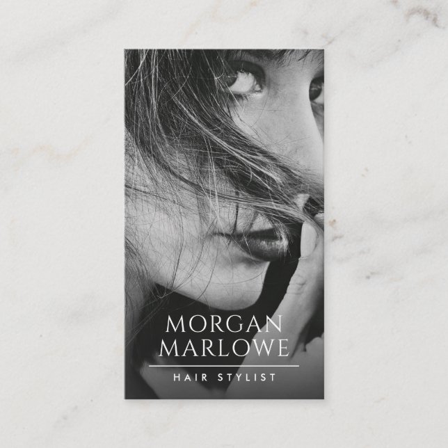 Modern Minimalist Hair Stylist Black White Photo   Business Card (Front)