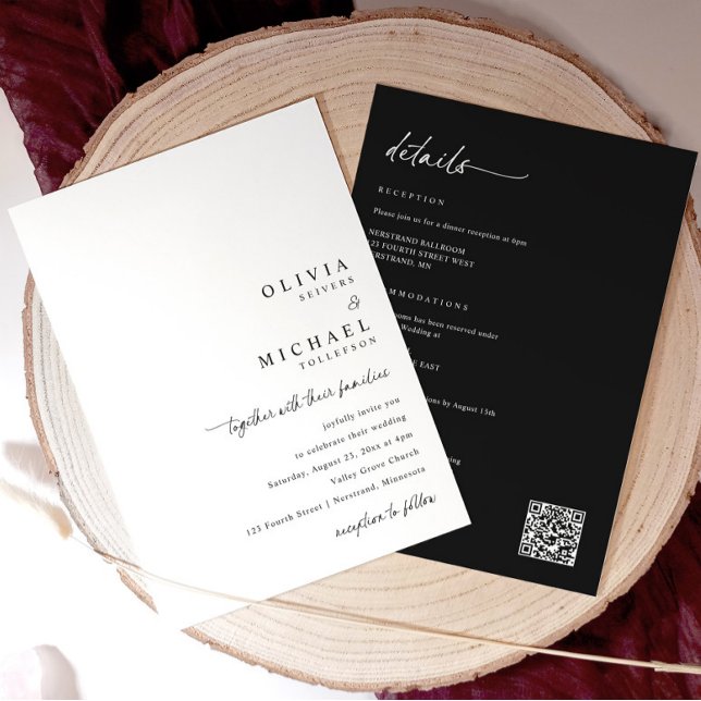 Modern Minimalist Handwriting All in One Wedding Invitation (Minimalist black and white wedding invitation with handwritten script & QR code on back.)