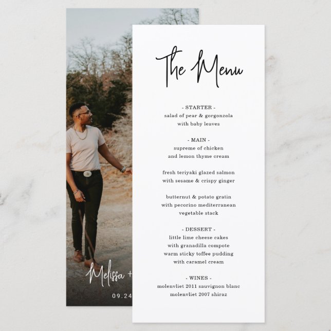 Modern Minimalist Handwriting Script Photo Wedding Menu (Front/Back)