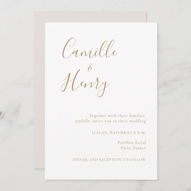 Modern Minimalist Handwritten Gold White Wedding Invitation (Front/Back)