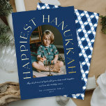 Modern Minimalist Happiest Hanukkah Arc Photo Foil<br><div class="desc">This stylish and minimalist holiday card design features an arc photo template and big classic serif foil pressed greeting in the words, 'HAPPIEST HANUKKAH' wrapping around the edge of the arch frame on a dark blue background. Additional wishes and the family name are located near the bottom. The back of...</div>