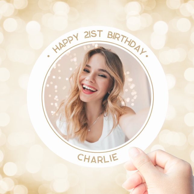 Modern Minimalist Happy 21st Birthday Photo Gold Classic Round Sticker (Modern Minimalist Happy 21st Birthday Photo Gold Classic Round Sticker
)