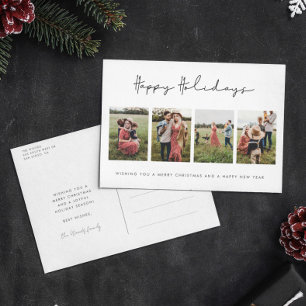 Modern Minimalist Happy Holidays 4 Photo Collage Holiday Postcard