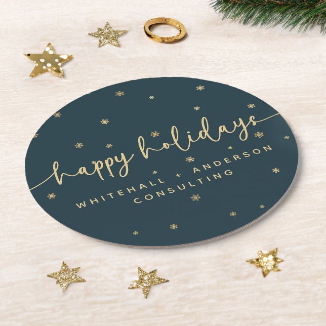 Modern Minimalist Happy Holidays Business Name Round Paper Coaster (Creator Uploaded)