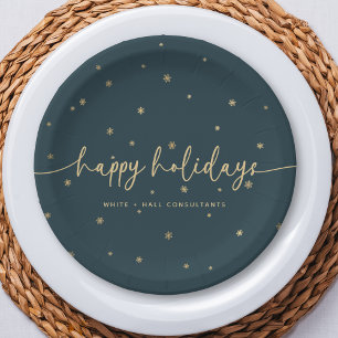 Modern Minimalist Happy Holidays Script Business Paper Plate