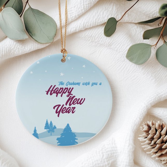 Modern minimalist Happy New Year Ornament for tree (Modern minimalist Happy New Year winter scene ceramic  Ornament with trees.)
