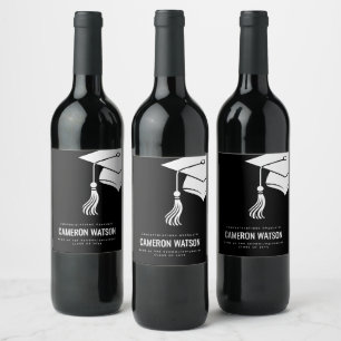 Modern Minimalist Hat and Tassel Graduation Wine Label