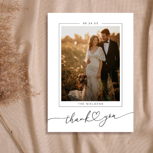 Modern Minimalist Heart Script Wedding Thank You Card (Shown on a 5" x 7" card)