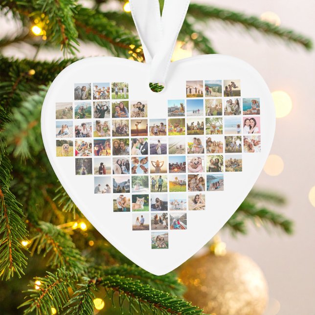 Modern Minimalist Heart Shaped Photo Collage Ornament (Heart shaped photo collage acrylic ornament on Christmas tree)